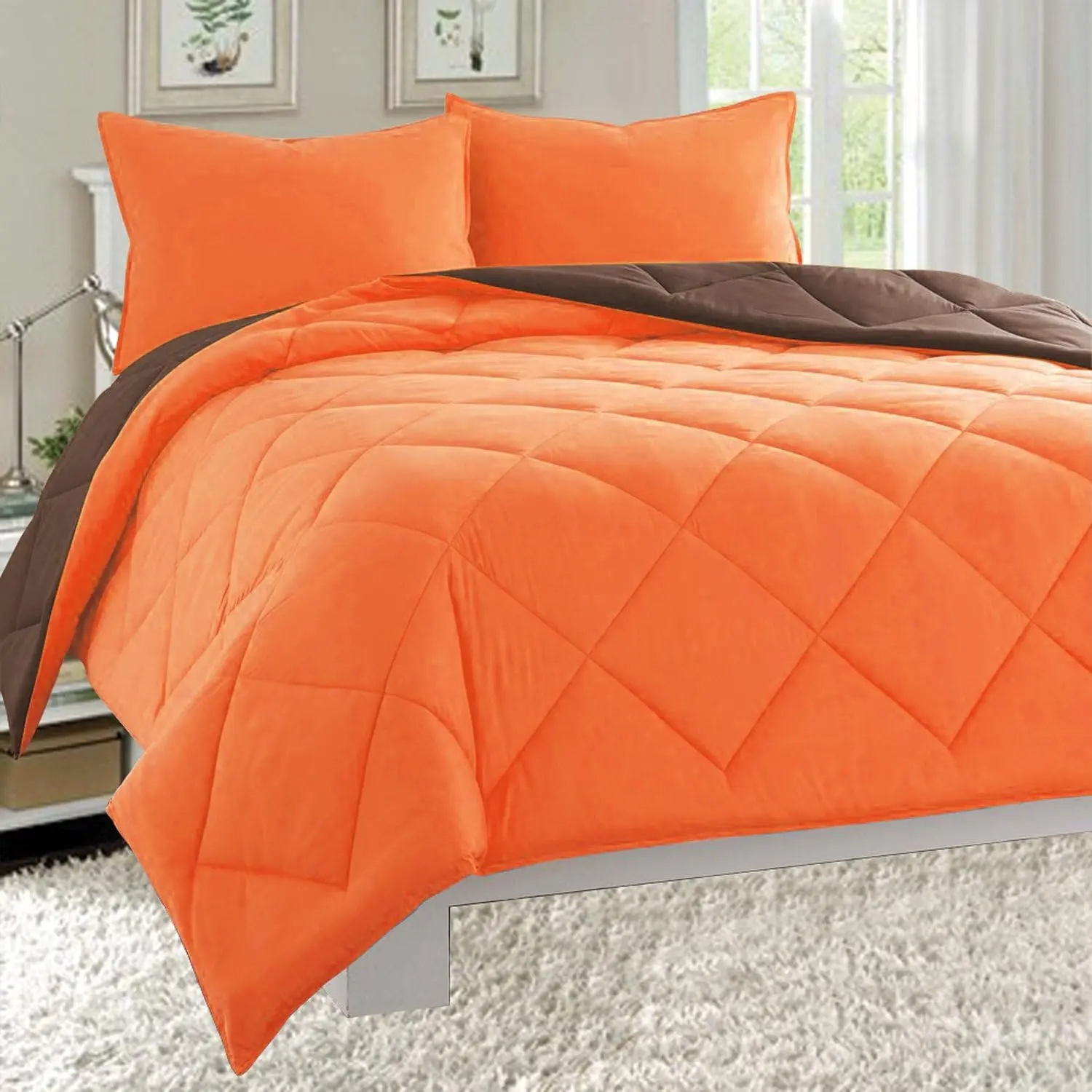 Elegant All Season Light Weight Down Alternative Reversible 3-Piece Comforter Set, Full/Queen, Orange/Chocolate