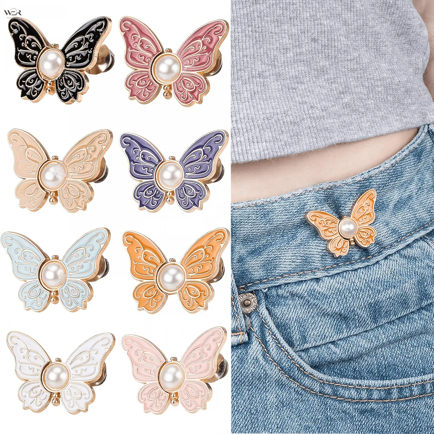 Vintage Enamel Butterfly Pearl Jean Waist Tightener, Detachable No-Sew Pants Waist Adjustment Buttons, Cute Decorative Waist Clips for Loose Jeans Skirts, 8 Color Options