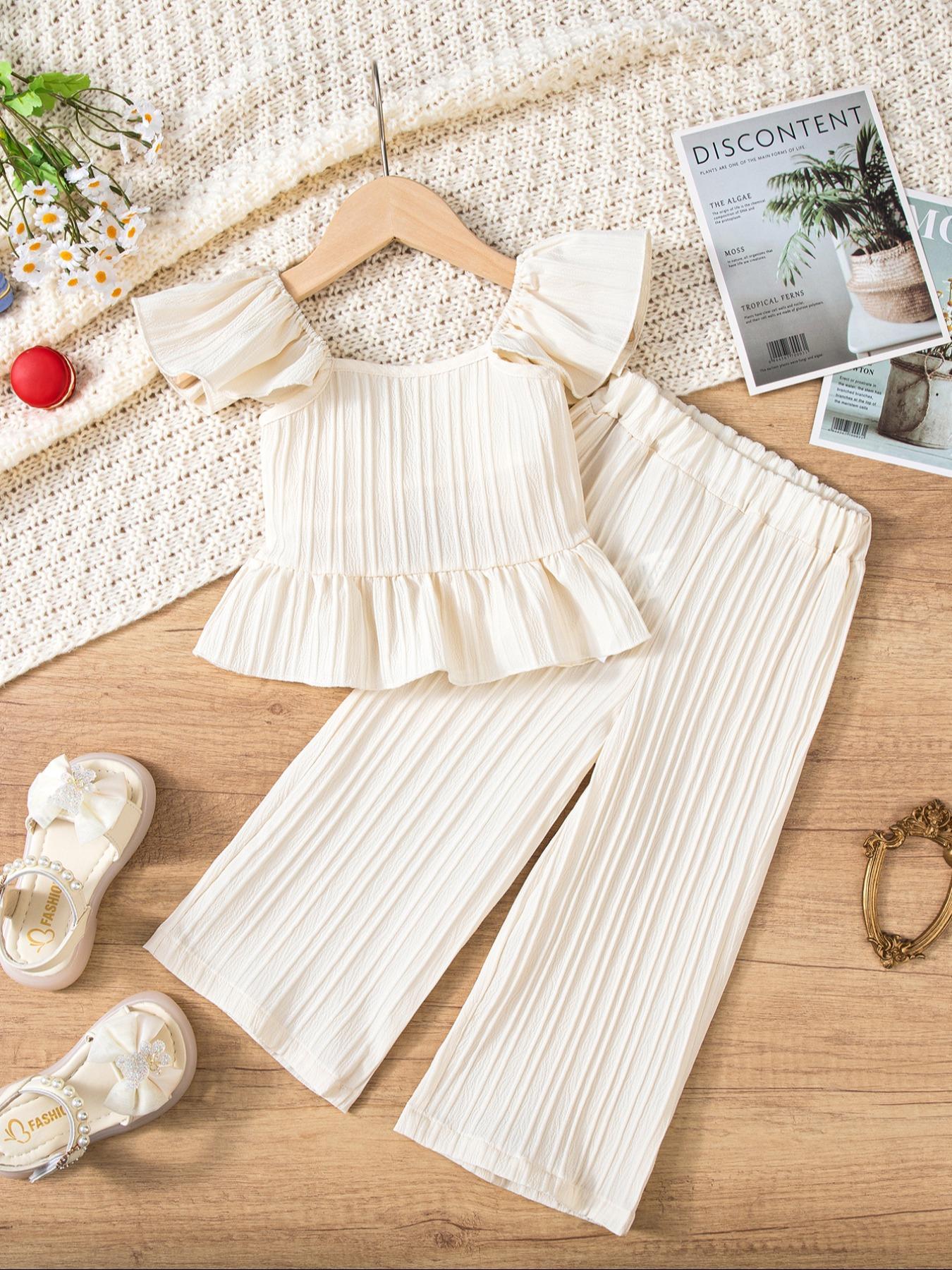 Two-Piece Set Toddler Girl's Solid Ruffle Trim Top & Wide Leg Pants Set, Casual Elegant Square Neck Top & Trousers for Daily Outdoor Wear, Kids Clothes for Summer, Fashion Style Sets