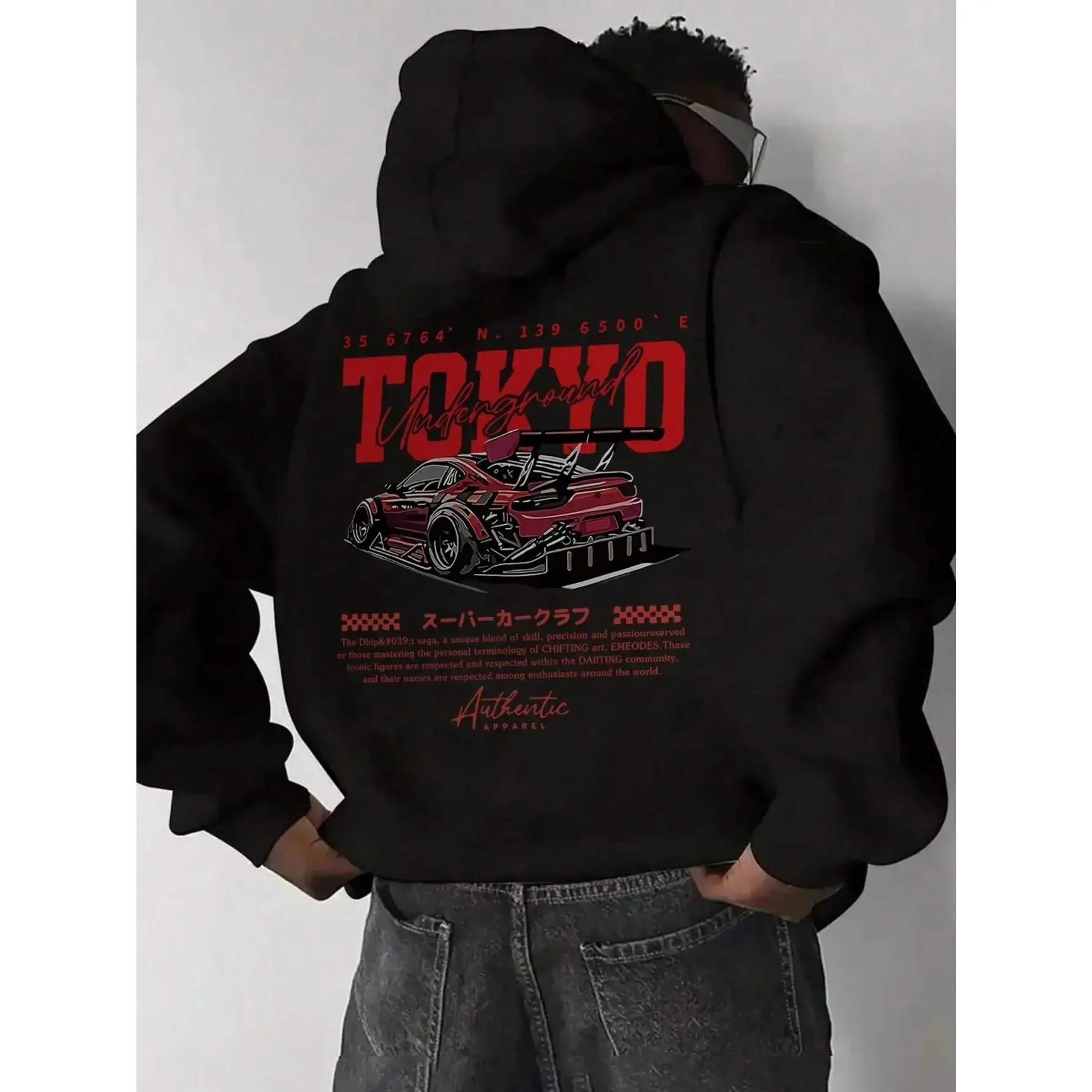 Tokyo Underground JDM Race Car Back Print Hoodie, 270G Brushed Fleece Japanese Drift Car Graphic Black Hooded Sweatshirt, Automotive Streetwear Pullover For Car Enthusiasts Men Women