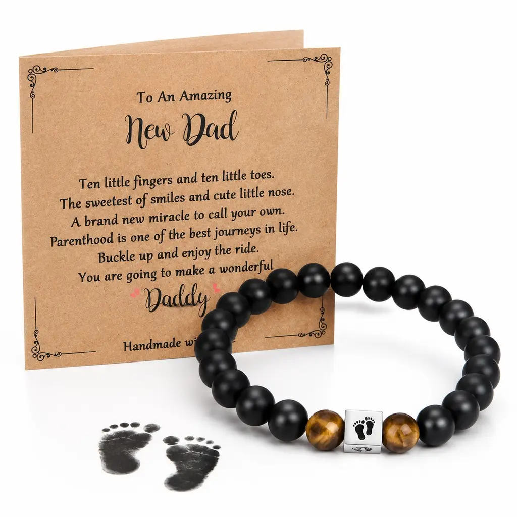 7.5 Inches Handmade Obsidian Tiger Eye Stretch Beaded Bracelet for Men - Father’s Day Anniversary Pregnancy Reveal Gift Set with Baby Footprint Engraved Alloy Charm, Inspirational Message Card for First-Time Dads