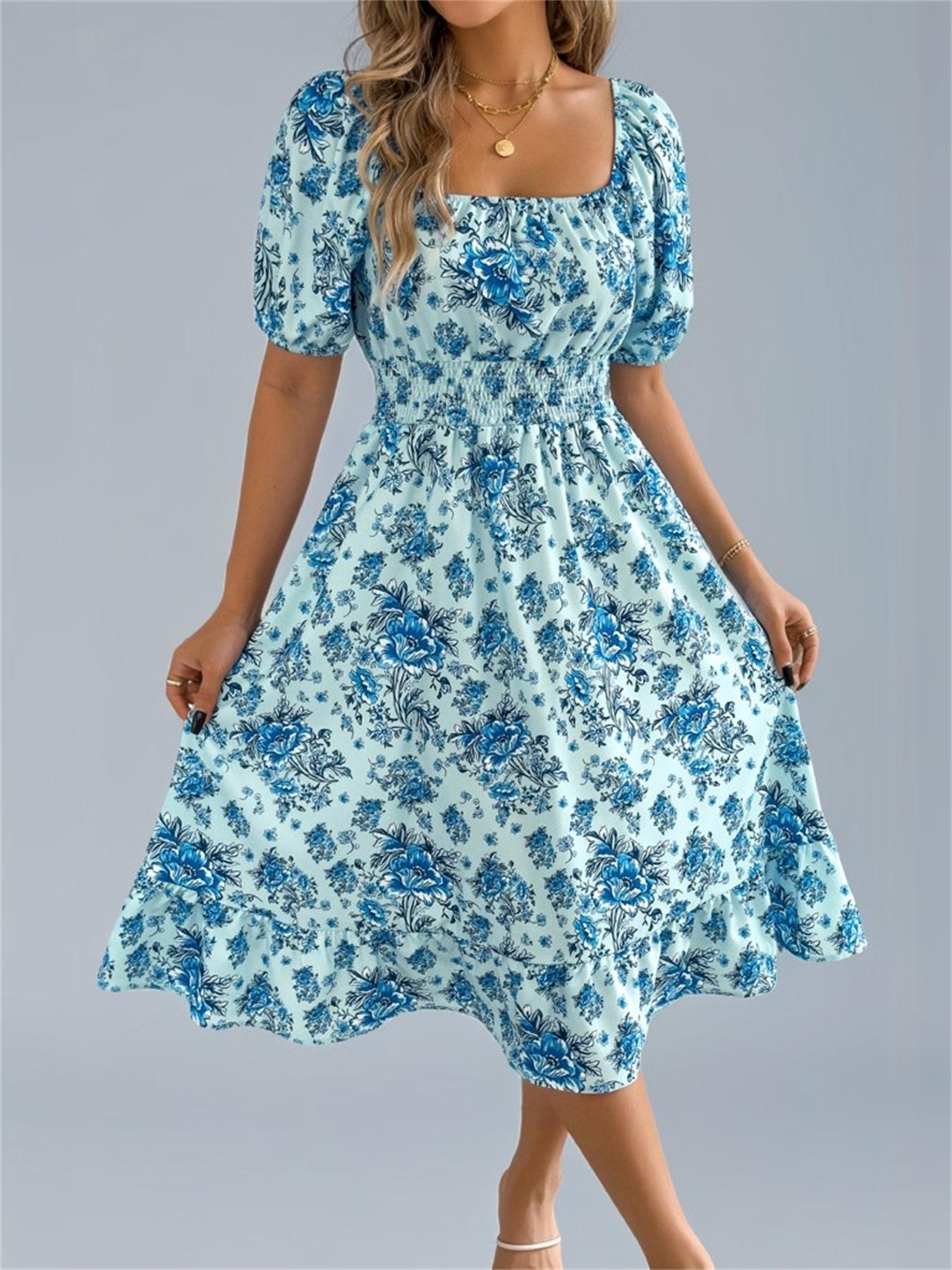Women's Ditsy Floral Print Shirred Ruffle Hem Dress, Boho Fashion Cute Square Neck Puff Sleeve Knee Length Dress for Holiday Daily Wear, Ladies Dress for Summer