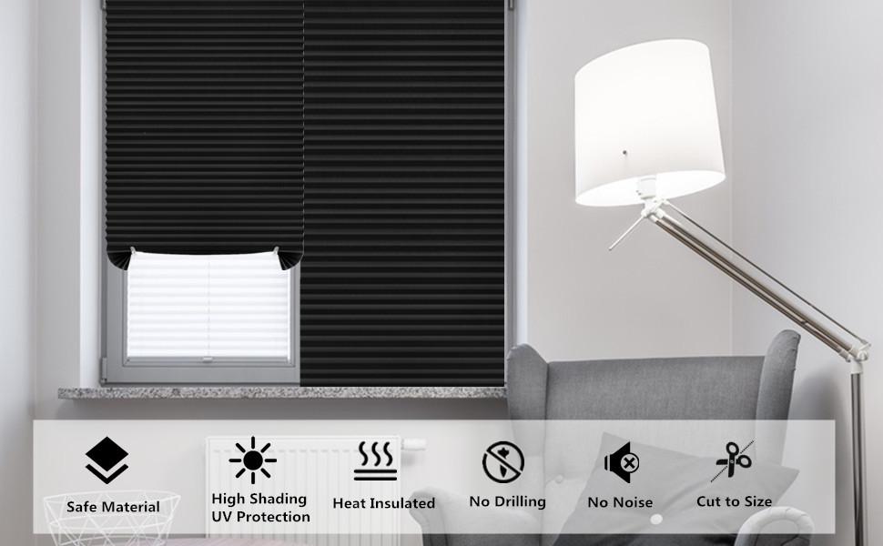 Window Blinds Cordless Blackout No Drill Cut to Size Clip On Stick On Self Adhesive Temporary Blinds Pleated Paper Blinds for Windows Doors Shades for Home Nursery Bedroom Kitchen Bathroom