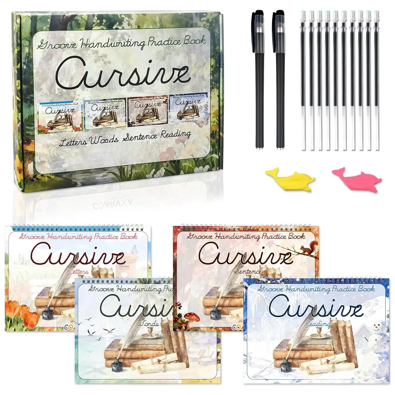 4 Pack Cursive Handwriting Workbook,Magic Grooved Writing Practice Books, Handwriting Practice Books,Cursive Kickoff Student Workbook for  Ages 5-12, Writing Without Tears