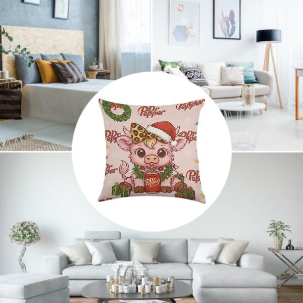 Dr Pepper Pink Highland Cow Christmas Throw Pillow Cover Linen Material Single-sided Printing No Inserts Included for Home Couch Sofa Living Room 2025 Decor
