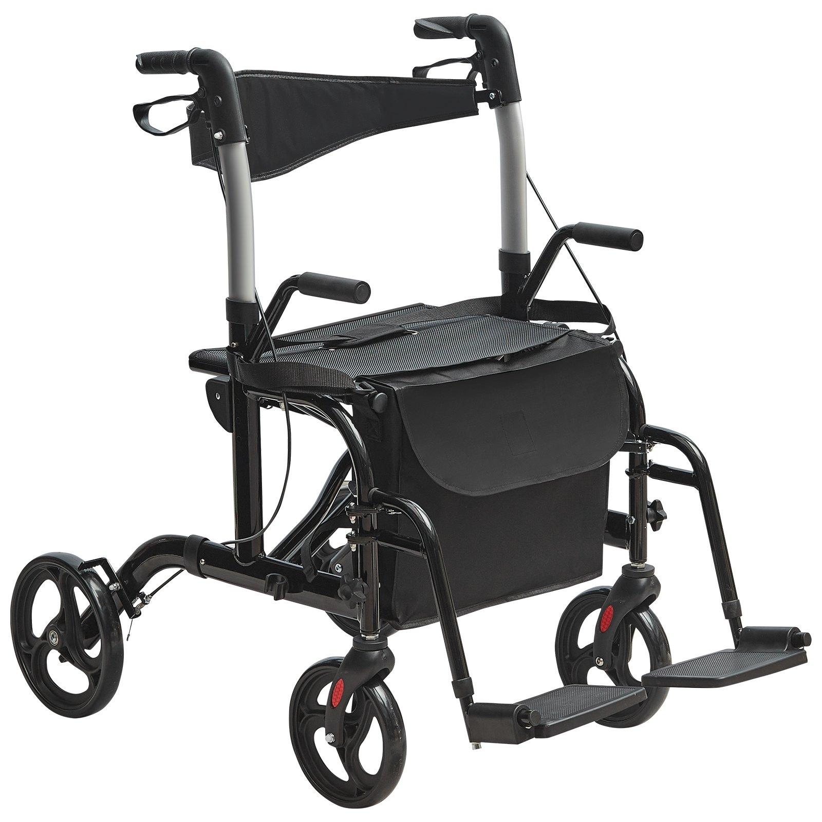 VEVOR 2 in 1 Rollator Walker & Transport Chair for Seniors, Folding Rolling Walker Wheelchair Combo & Footrests, Lightweight Aluminum Mobility Walker with Adjustable Handle, All Terrain Wheels, 300LBS