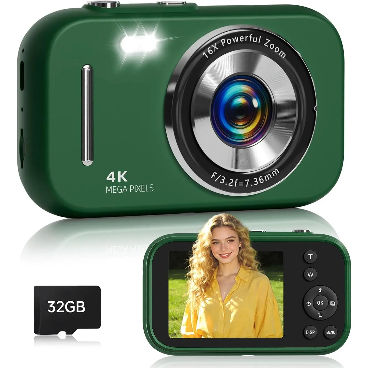 Digital Camera,4K 48MP Compact Camera for Teens,16X Zoom Anti Shake,32GB SD Card,21 Filters,Framing Grid, Date ,Slow Motion,MP3 Function,Travel Small Camera for Boys Girls,Green