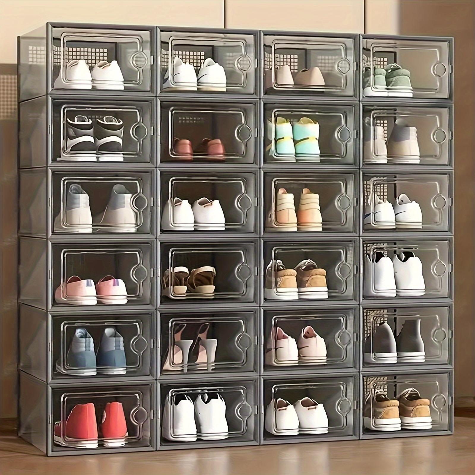 24 Stackable And Foldable Shoe Boxes with LIDS - Clear, Waterproof Plastic Sneaker Storage Containers, Space-saving Design Suitable for Store Displays