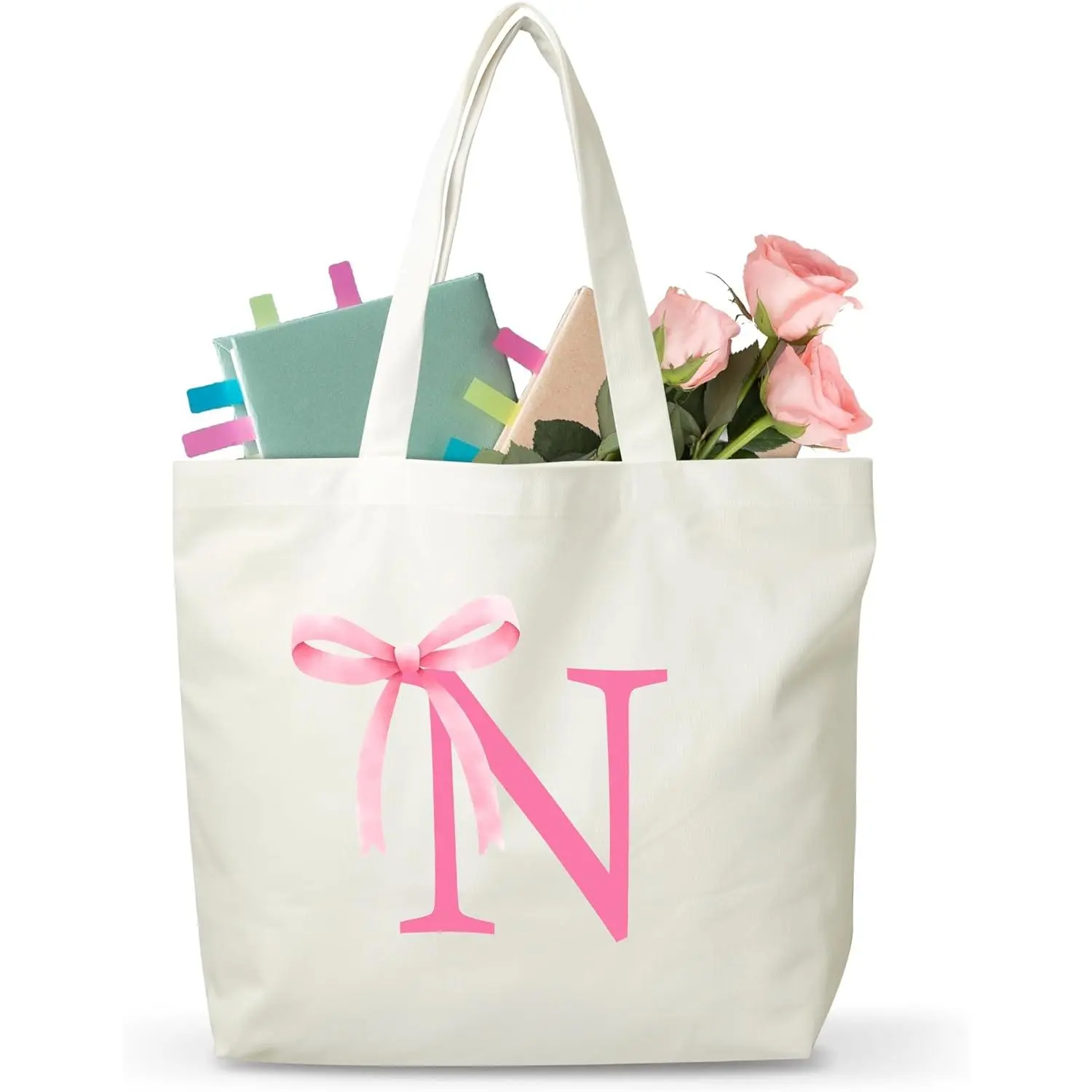 Bow Letter Canvas Tote Bag, Monogram Bag Gifts For Girls  Teachers