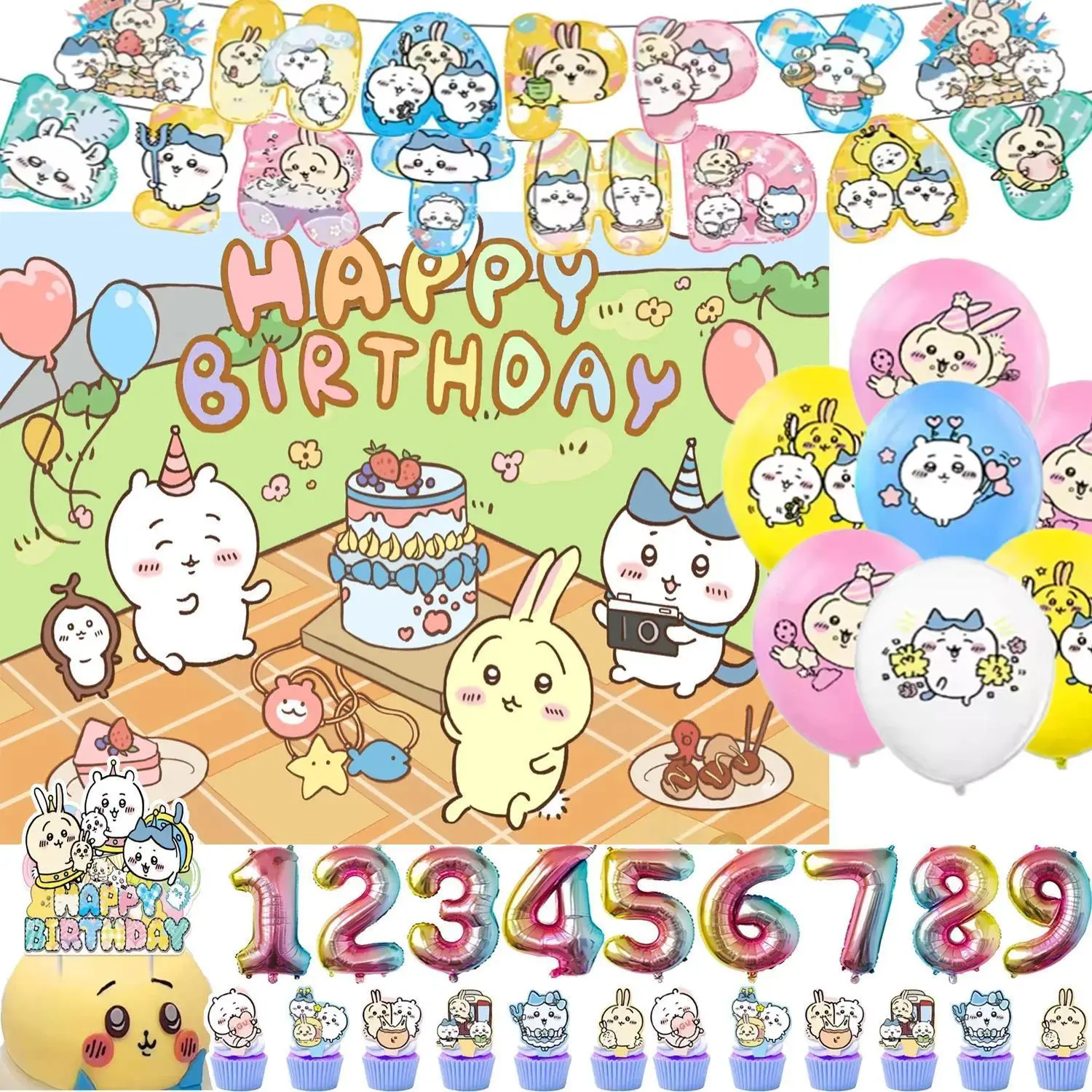Cartoon Chiikawa Theme Kid Birthday Party Supplies Cake Decor Cute Anime Balloon Backdrop Cake Topper Baby Shower Baptism Prop