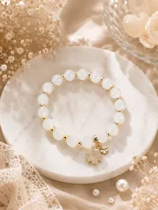 1PC Lucky Clover Beaded Bracelet, Elegant French Style White Jade-Look Exquisite Bracelet, Gold Spacer & Four-Leaf Clover Charm, Daily Wear Gift for Women