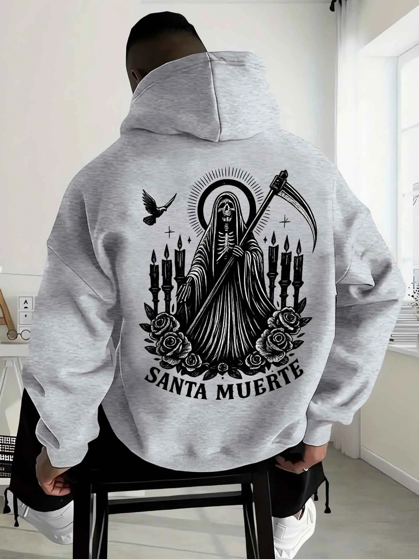 1 "Santa Muerte" Skeleton Saint Graphic Hoodie, Edgy Gothic Style, Ultra-Soft Premium Fleece Wear, Ideal for Alternative Trendsetters & Cultural Art Lovers, Daily Urban Outfits, Casual Hangouts & Bold Looks Celebrating Dark Aesthetic Vibes