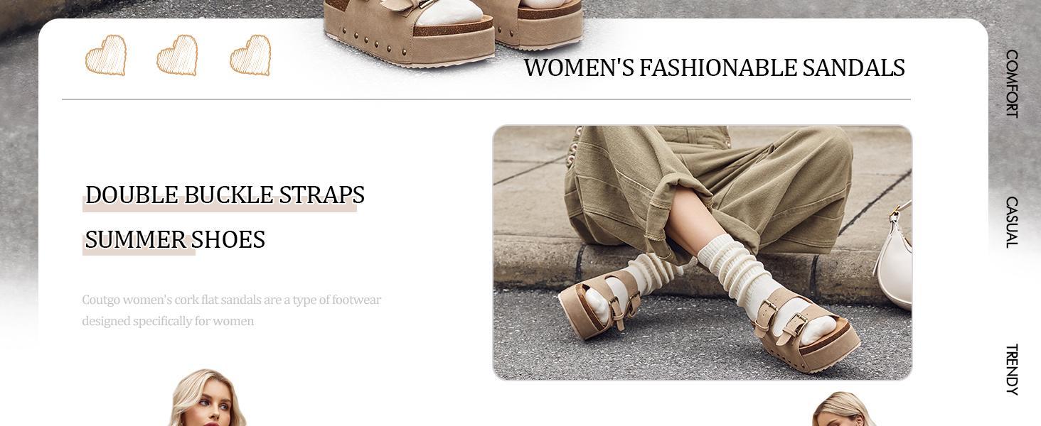 Fashare Women's Cork Platform Sandals Slip on Mules and Clogs Double Buckle Straps Summer Shoes