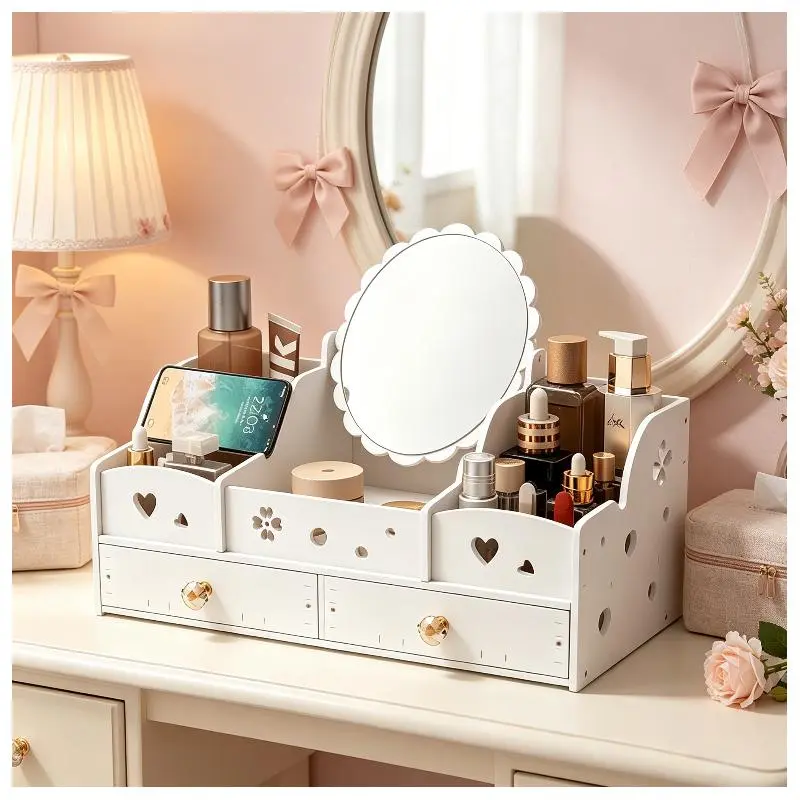 Large White Wooden Makeup Organizer with Rotating Oval Mirror, Multi-Drawer Cosmetic Storage Box, Hollow Heart Jewelry Display Case for Vanity, Gift Ideas, Rotating Mirror