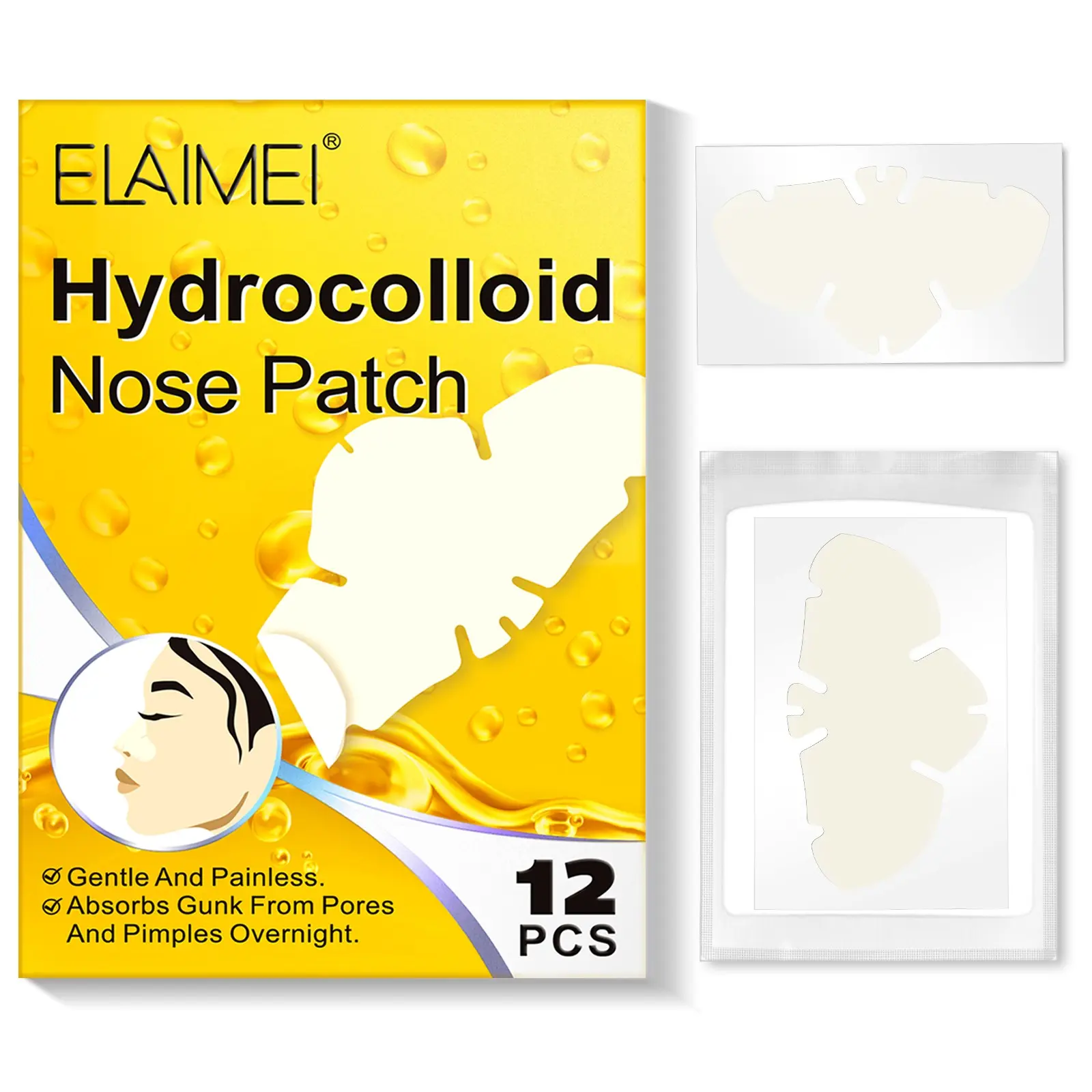 Elaimei Water Gel Nose Patches 12pcs/box, Large Sizes, Vegan Facial and Body Care, Alcohol-Free, Odorless, Suitable for All Skin Types