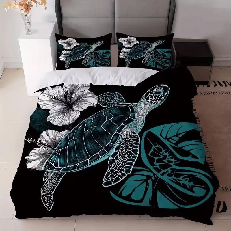 Ocean Turtle Print Bedding Set, 1 Duvet Cover + 2 Pillowcases, High-Definition Printing, Home & Dormitory Bed Linen, No Padding, Cozy Bedding Set