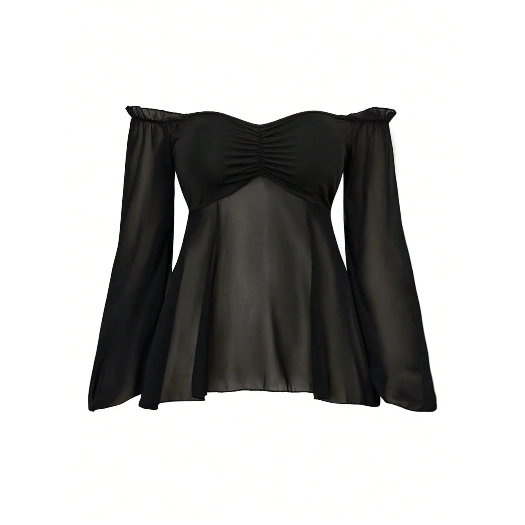 Women's Soft Plus Size Off-Shoulder Ruched Mesh Blouses - Mesh Texture, Casual Fall Going Out Tops, Fit-Focused Style for Pairing with Bottoms