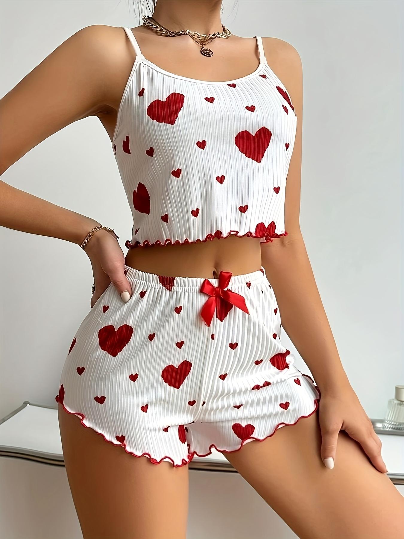 Casual Sleepwear Sets, Heart-Shaped Printed, Spaghetti Strap, Ruffle, Short Sets, Polyester 95% Elastane 5%, 180g/m², for Valentine'S Day Gift,  All-Season