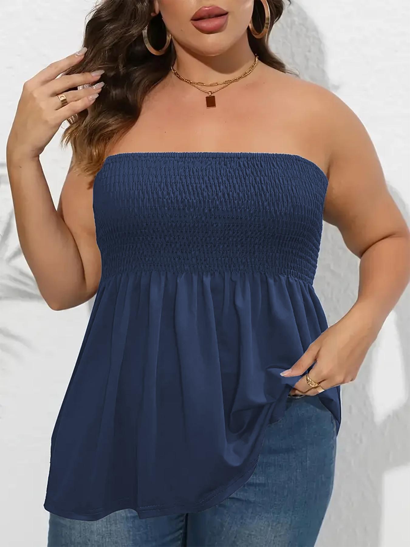 Plus Size Solid Ruffle Hem Shirred Tube Top, Boho Fashion Chic Style Tops, Lady Strapless Top, Womenswear, Casual Sleeveless Strapless Black Top