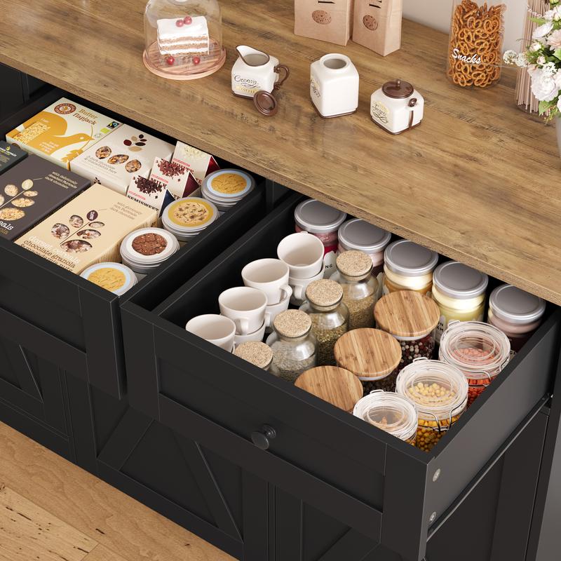 HOSTACK 12.5 Gallon Kitchen Trash Cabinet, 47" Double Trash Can Cabinet, Large Pull Out Can Storage Drawers, Wood Farmhouse Hidden Garbage Storage Buffet for Kitchen, Trash can not included