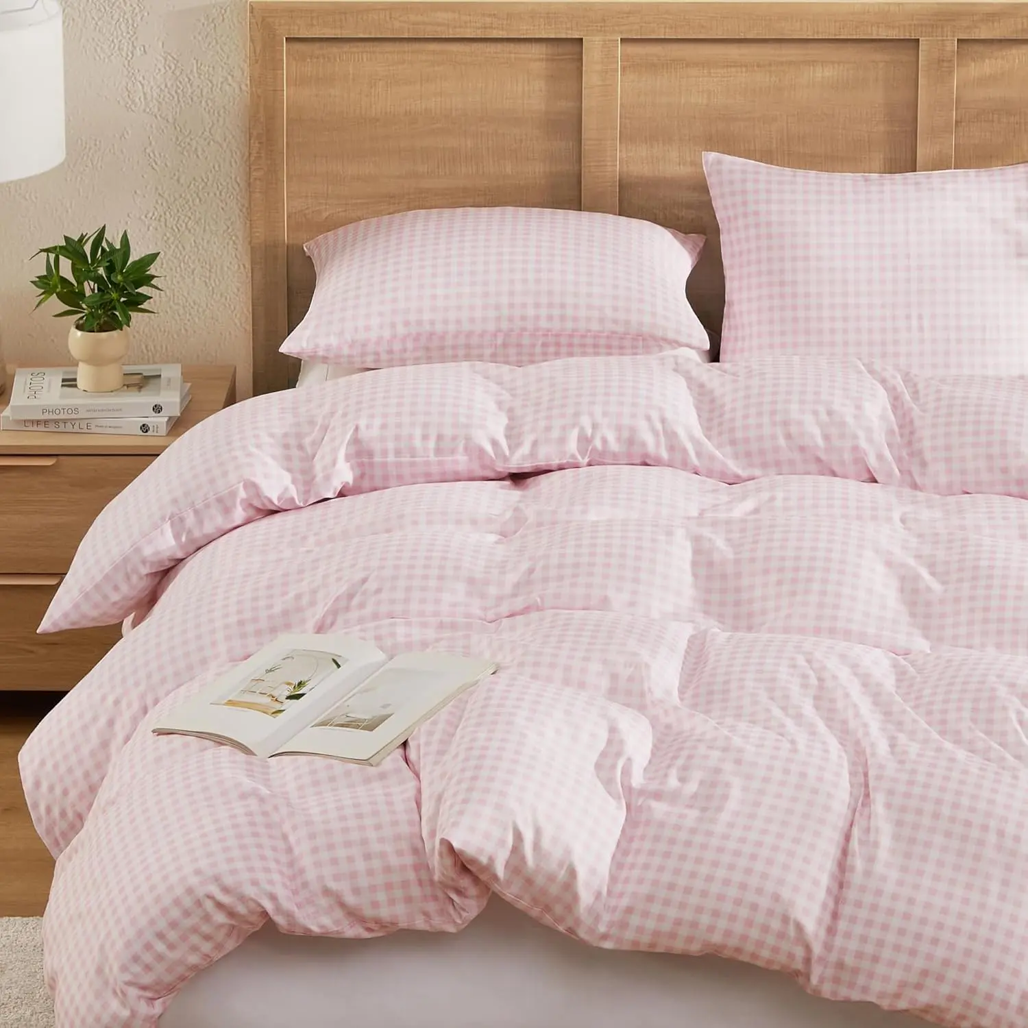 Gingham Duvet Cover Queen Size, Pink Blush Checkered Bedding Set, 3 Pieces Soft Prewashed Comforter Cover with Zipper Closure & Corner Ties