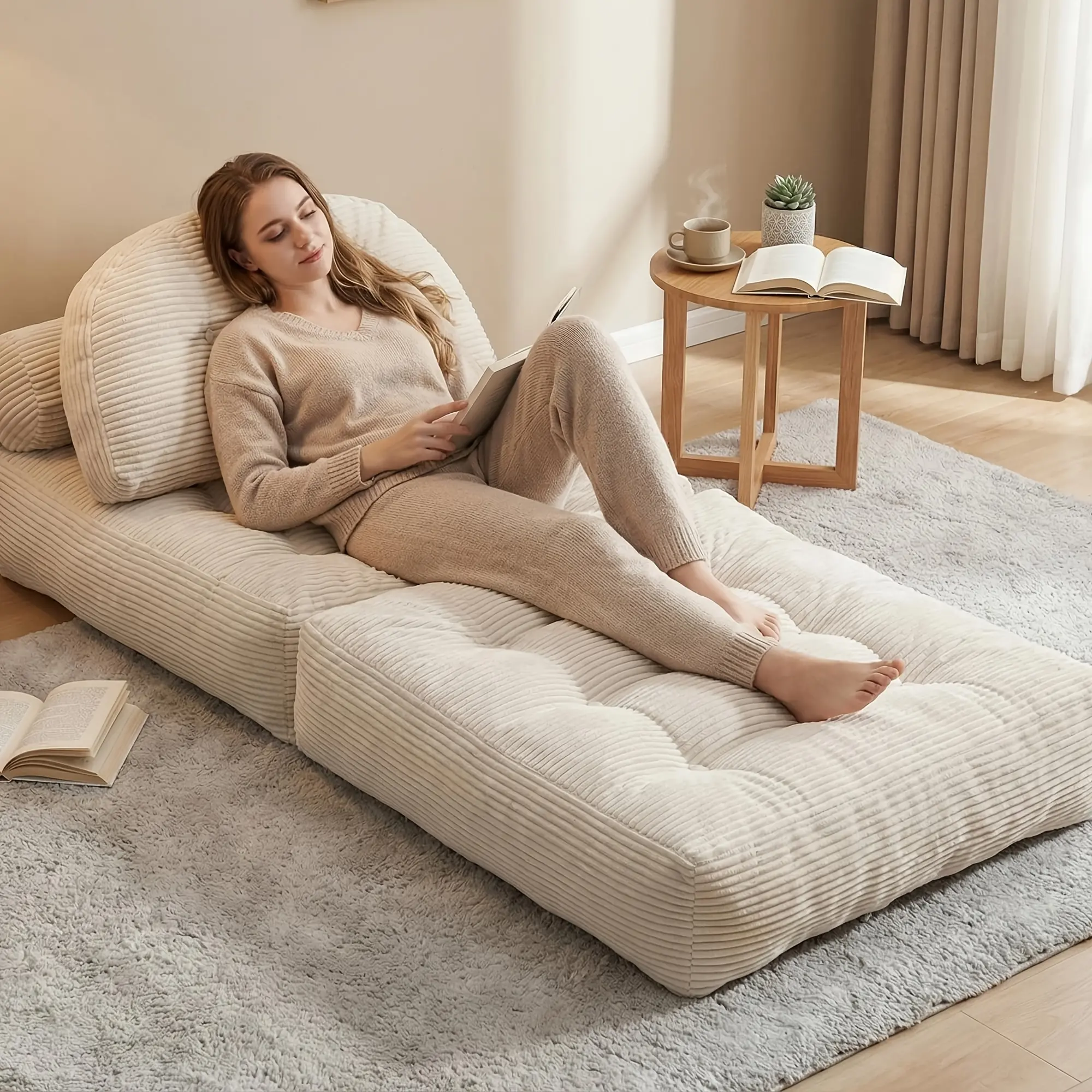 [3-in-1 Sofa Bed] Convertible Corduroy Floor Sofa, 3-in-1 Folding Lazy Sofa Bed with Adjustable Backrest, Soft Bean Bag Chair Lounger for Living Room, Bedroom, Guest Room, Oversized Sleeper Chair