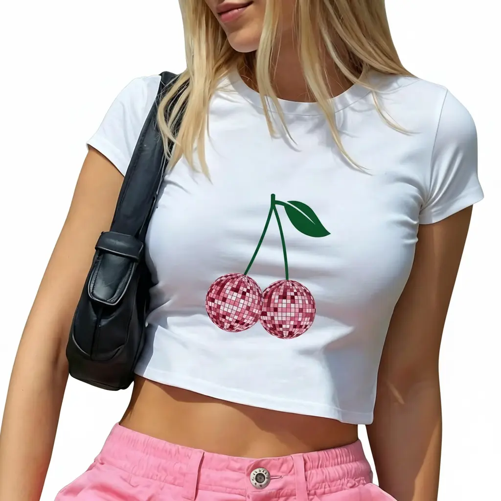 Disco Ball Cherry Cute Graphic Slim Fit White Crew Neck Crop Top Short Sleeve T-Shirt, Soft Casual Y2K Summer Beach Party Daily Streetwear Fashion Tee