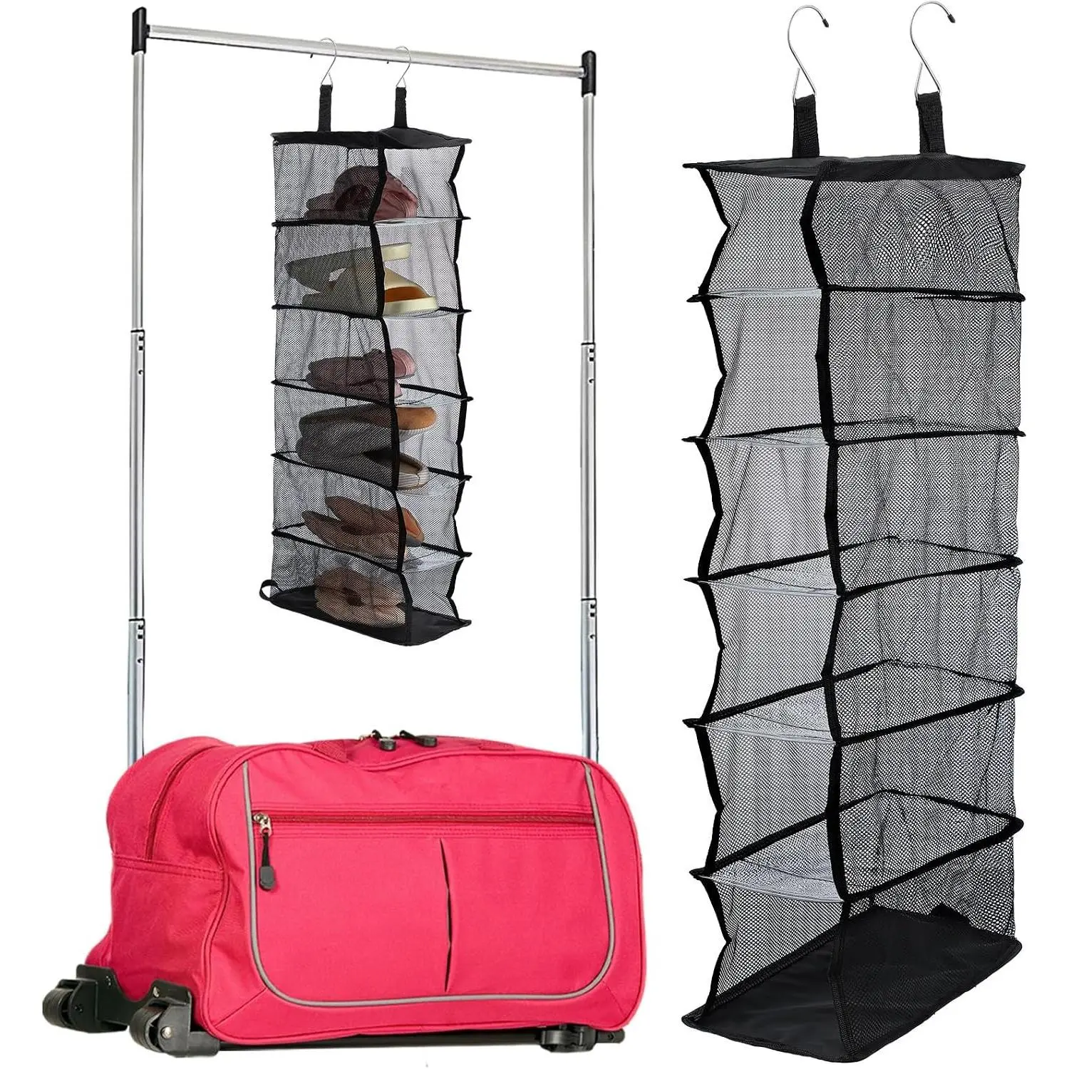 6-shelf Hanging Shoe Organizer for Dance Bags, Collapsible Hanging Shoe Rack with Transparent Shelves and Mesh Sides, Travel Backstage Accessories, Dance Bag Accessories