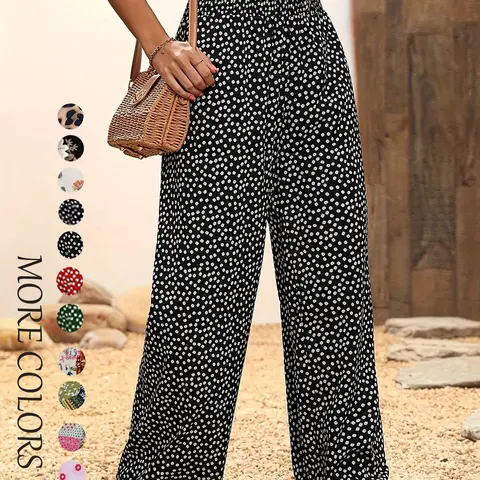 Women's Ditsy Floral Print Shirred Wide Leg Loose Pants, Boho Bohemian Frill Trim High Waist Trousers for Spring & Fall, Women's Bottoms for Daily Wear, Baggy Leggings, Bohemian Style Pants