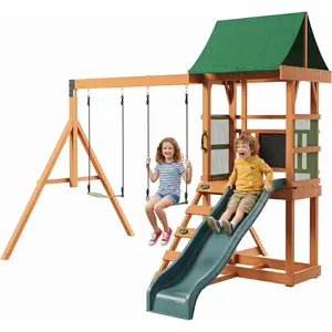 Wooden Swing Sets for Backyard, Outdoor Playset Sets for Backyards, Playground Sets with 6 FT Wave Slide, Play Deck, Rock Wall Ladder, 2 Belt Swings, Chalkboard, Canopy Roof