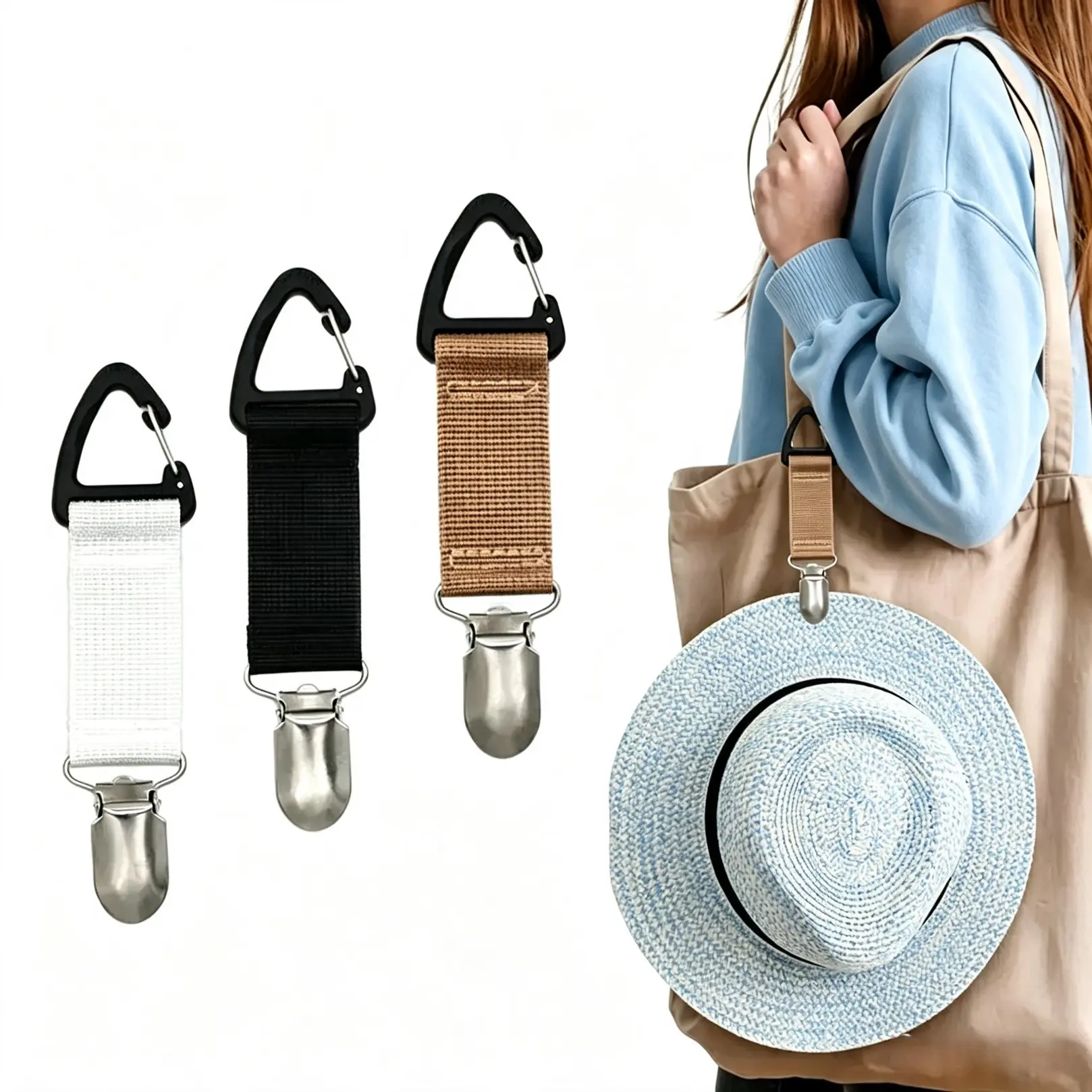 Portable Carabiner Hat Clip with Webbing Strap, Secure Hold Fastener Hook for Bags, Lightweight Multi-Purpose Travel Accessory for Beach Trips, Hiking, Carabiner Clip