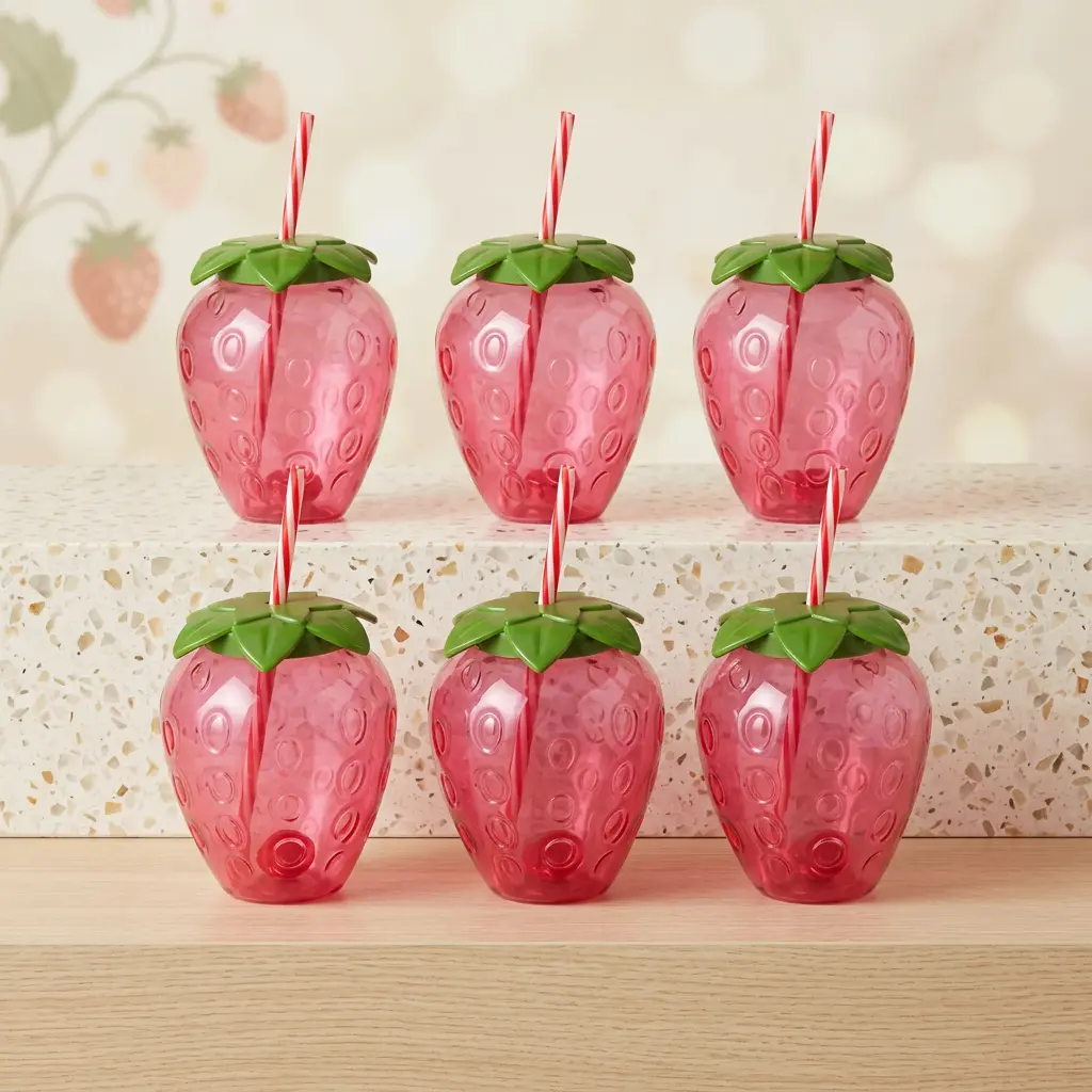 6-Pack strawberry pattern cup with straw, suitable for all kinds of party cold drink cups, cute modeling cups, outdoor dinner activity cups (only cold drinks can be installed)