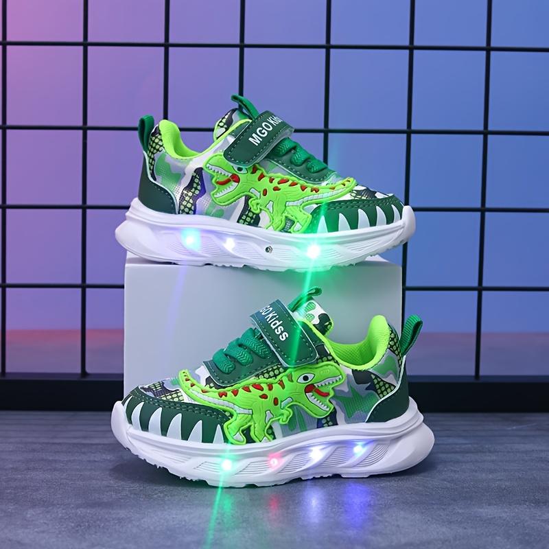 Youngsters' LED Dinosaur Sneakers - Boys' Glow-in-the-Dark T-Rex Sneakers with Flashing Lights, Camouflage & Solid Patterns, Hook-and-loop Fastener Closure, Ages 1-6, Perfect for Casual Play,  Dinosaur Themed Shoes |         Durab High Top Kid