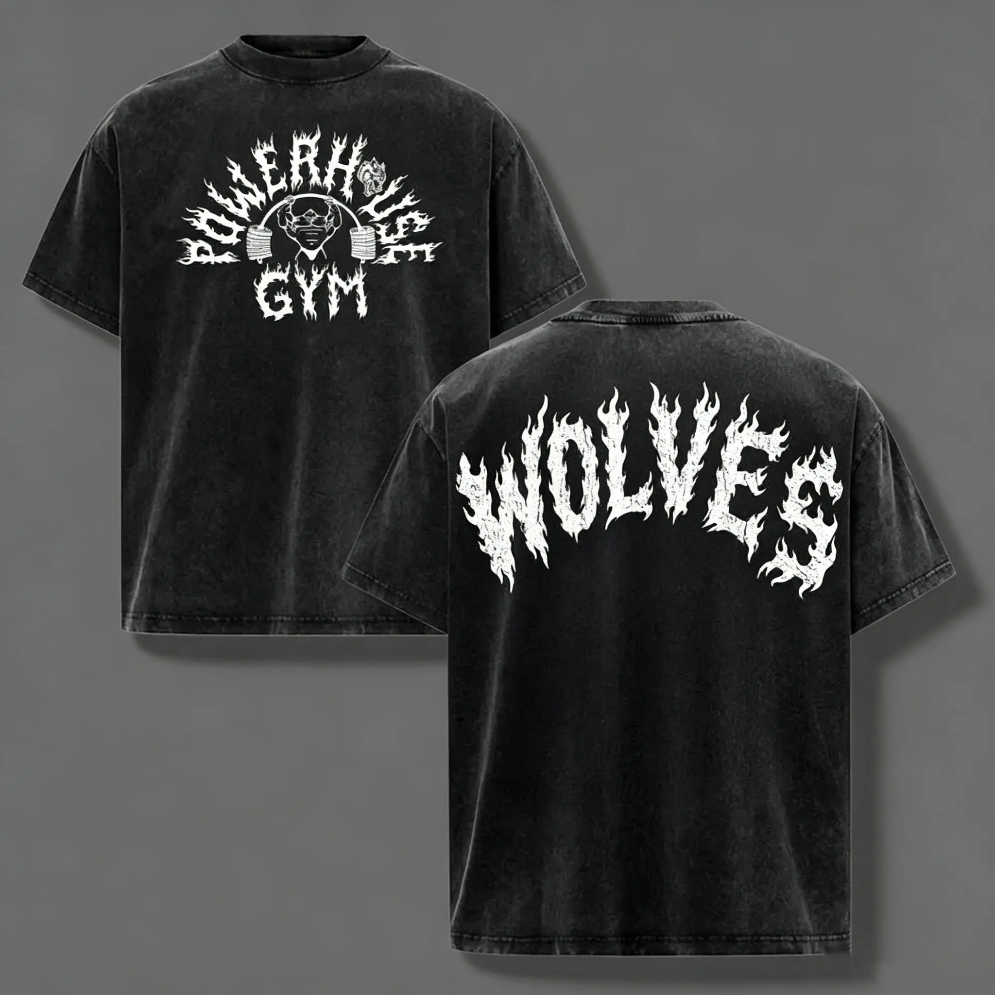 Distressed Washed Powerhouse Gym Wolves Flame Letter Tshirt, Unisex Crew Neck Athletic Short Sleeve Tee, Trendy Grunge Fashion Top for Gym, Night Out & Street Look