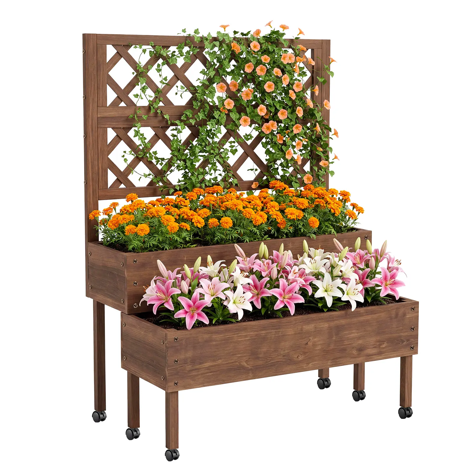 2-Tier Wooden Raised Garden Bed with Trellis & Wheels – Elevated Planter Box with Legs and Drainage Holes – Vertical Outdoor Privacy Screen for Patio, Backyard, Balcony