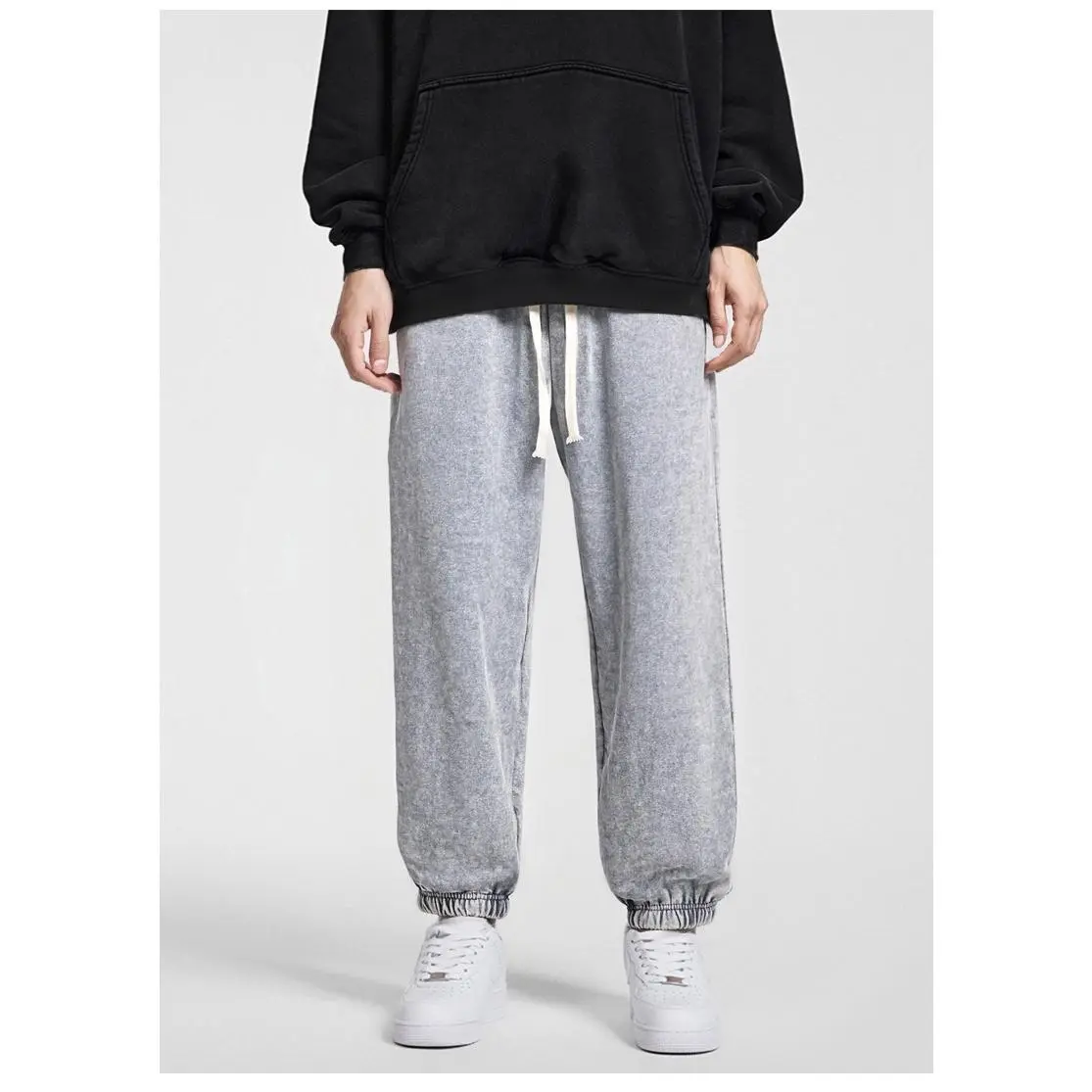 Vintage Acid Wash Joggers for Men , Relaxed Loose Fit Cuffed Pants with Elastic Drawstring Waist and Functional Pockets
