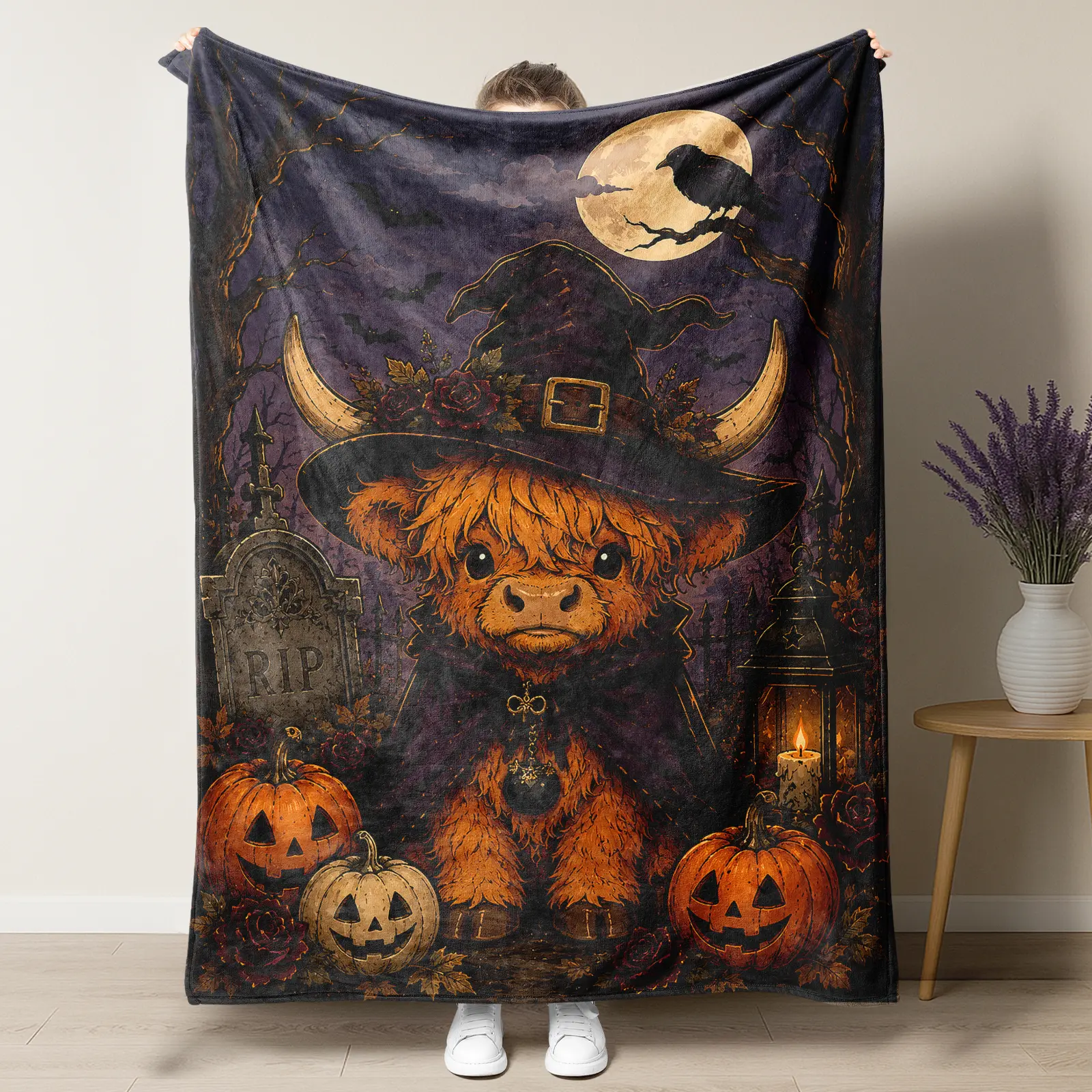 Halloween Highland Cow Witch Throw Blanket,Vintage Spooky Graveyard Jack O Lantern Crow Full Moon Print Soft Fluffy Fleece Blanket, Dark Cottagecore Fall Season Decor Cozy Sofa Bed Cover Gift