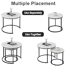 Round Nesting Coffee Table Side Table Set of 2 End Tables for Living Room Bedroom Balcony, White Faux Marble Wooden Table Accent Coffee Table with Black Steel Frame