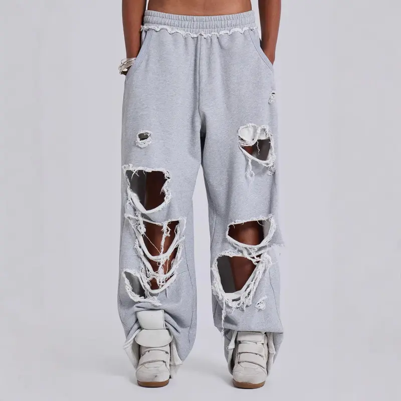 Y2K girls' casual pants with street hip-hop ripped design, wide-leg loose sweatpants