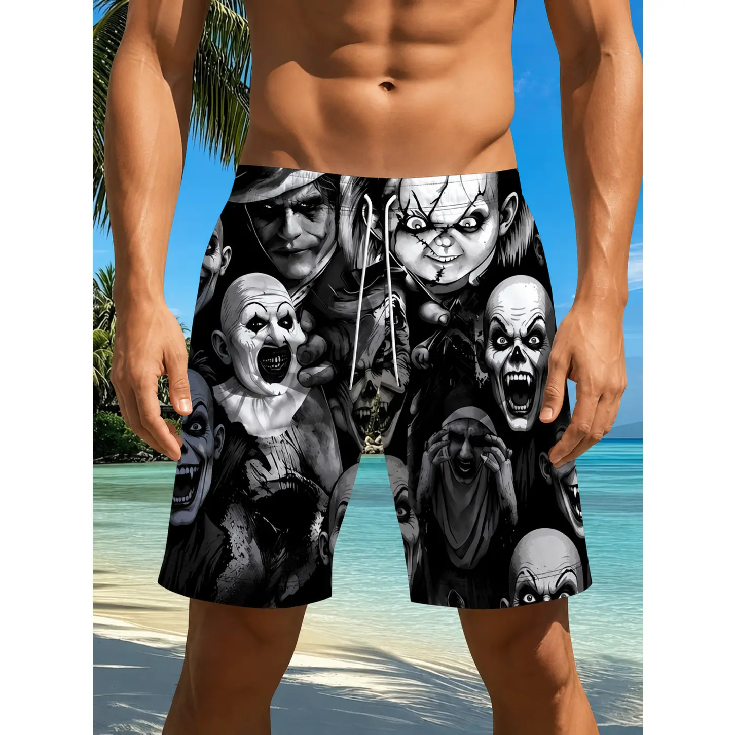 Horror Clown Faces Print Men's Beach Shorts With Lining, Soft Loose Light Shorts For Beach Pool Outdoor Summer Daily Fashion Casual Mens Outfit
