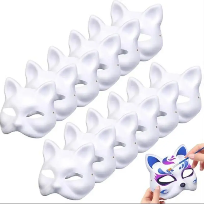 DIY Paper Mache Cool Mask Design Kit Halloween Accessories, Cat Face Fox Blank Peking Opera Makeup, Handmade Craft Toy for Kids & Adults, 2/5/10/15 Pieces Set