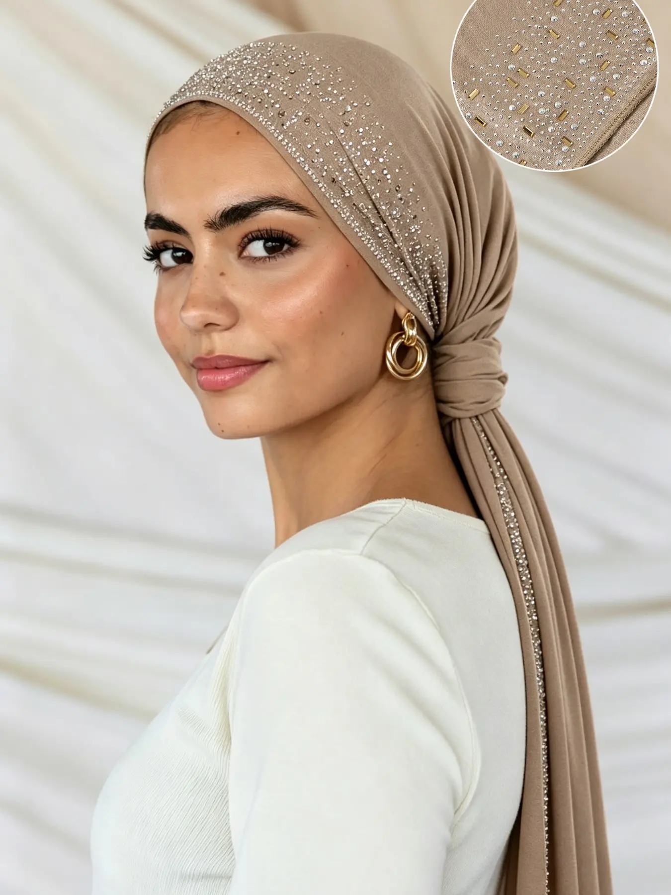 Geometric Rhinestone Jersey Hijab, Fashionable Muslim Long Scarf, Ideal for Daily Outings, Prayer, Travel, Photography, Abaya Accessory