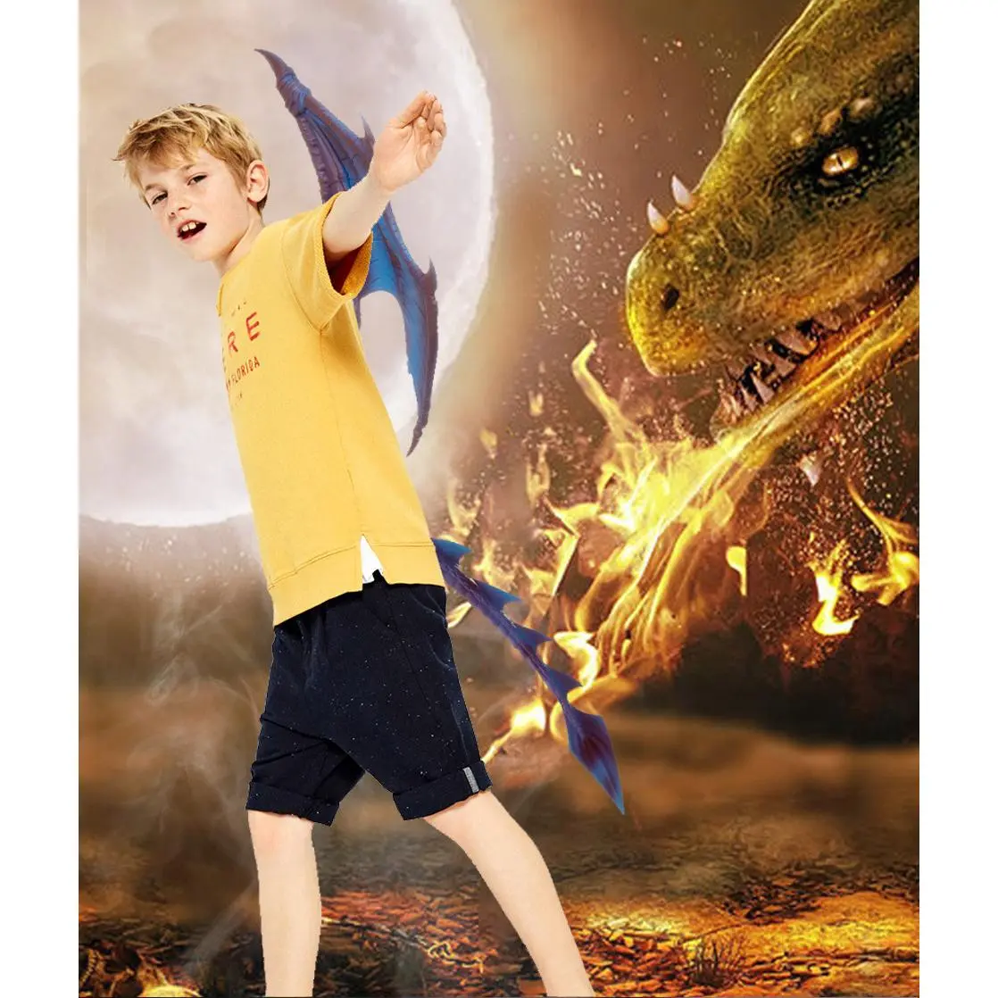 Cosplay Suit for Kids, Soft PU Dragon Theme 3-Piece Set with Mask, Wings, and Tail for Halloween Parties and Dress-Up