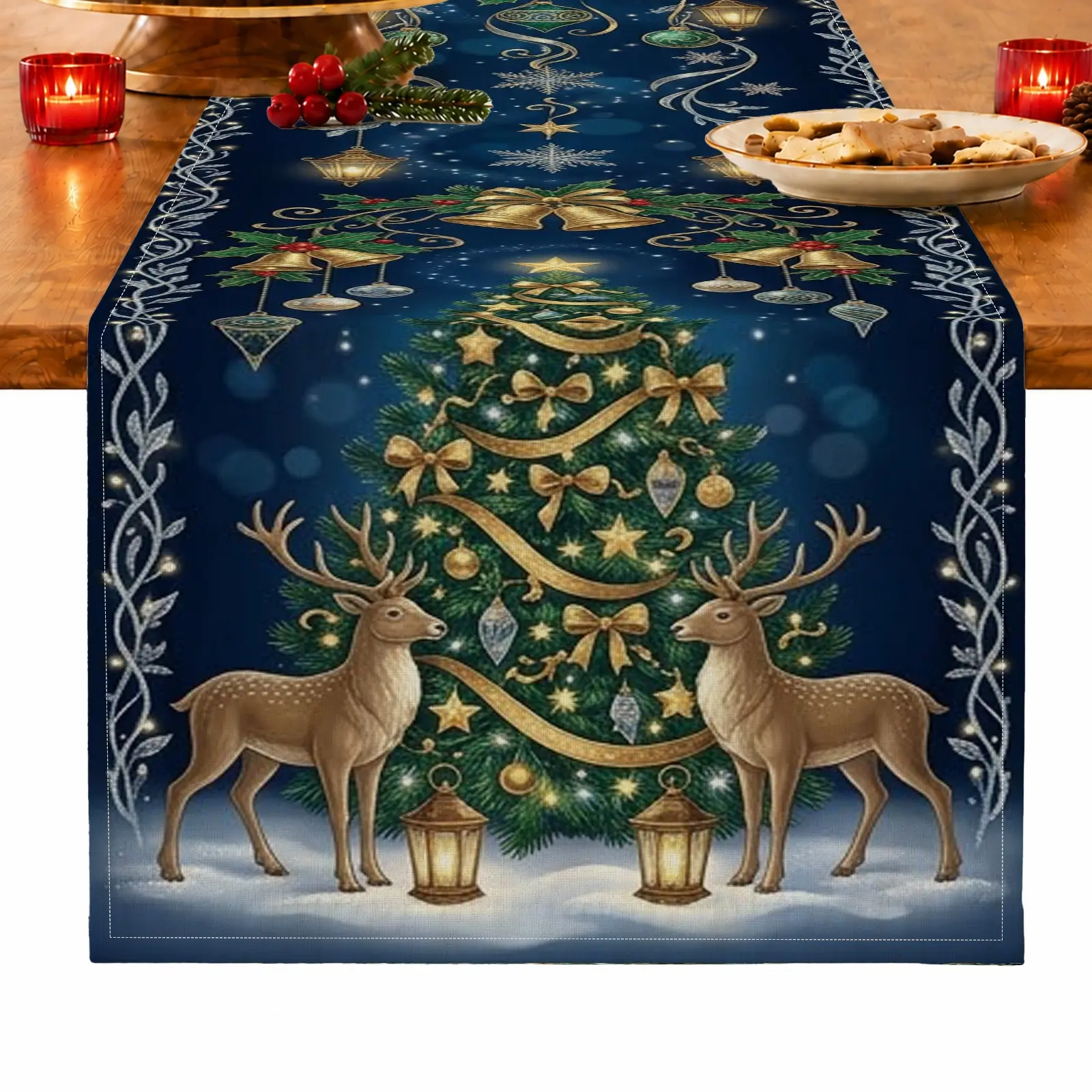 1pc Christmas Tree Reindeer & Bell Table Runner, Vintage Christmas Style, for Dining Table, Kitchen, Christmas Dinner & Holiday Gathering, Christmas Table Decoration and Festive Home Decor
