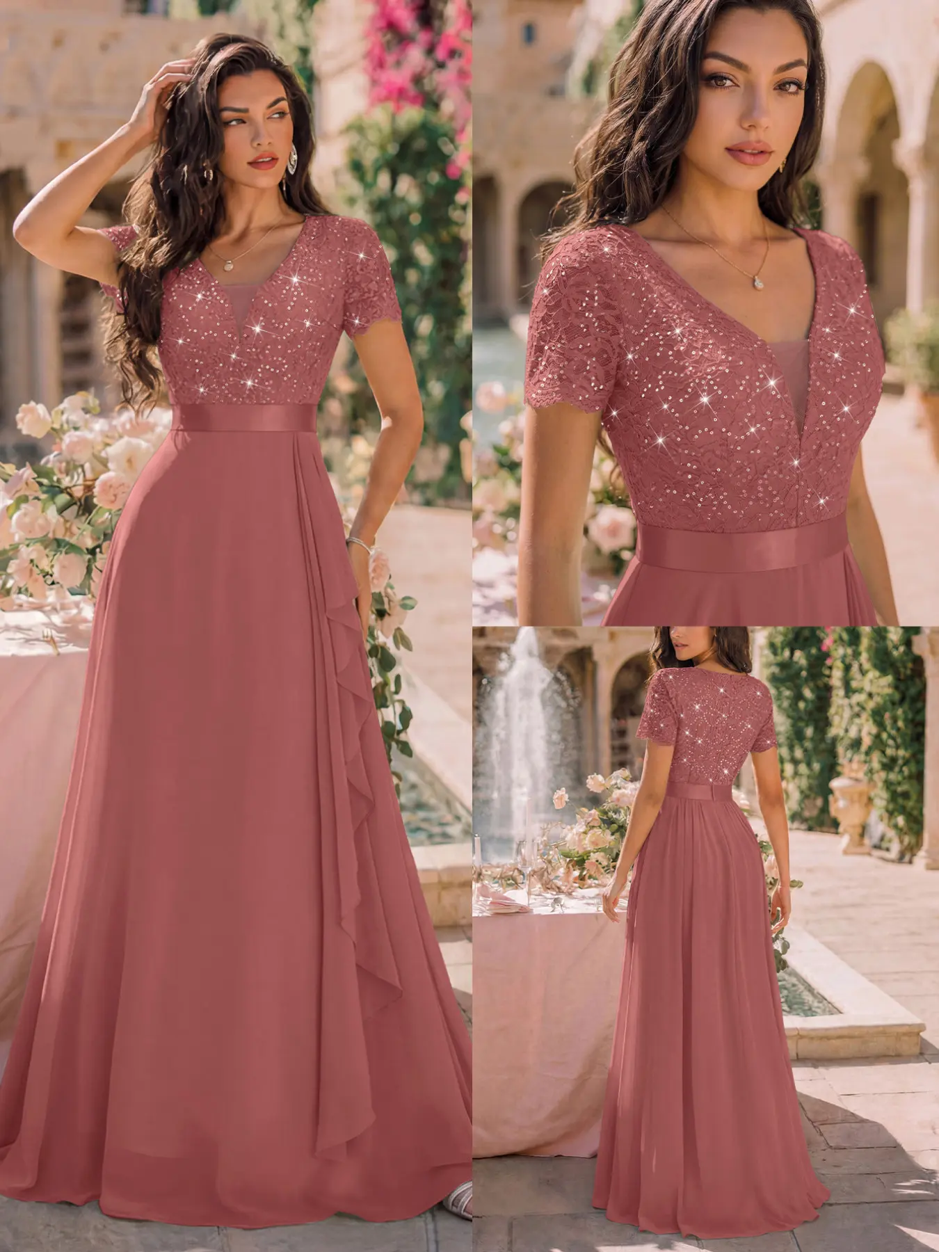MIUSOL 24245A Deep V-Neck Color Block Floral Sequin Lace Ruffled Trim Chiffon Maxi Evening Formal Dress, Suitable For Wedding Guest, Graduation Ceremony, Gala Dinner And Other Occasions Spring Summer Chic Elegant Classy Party