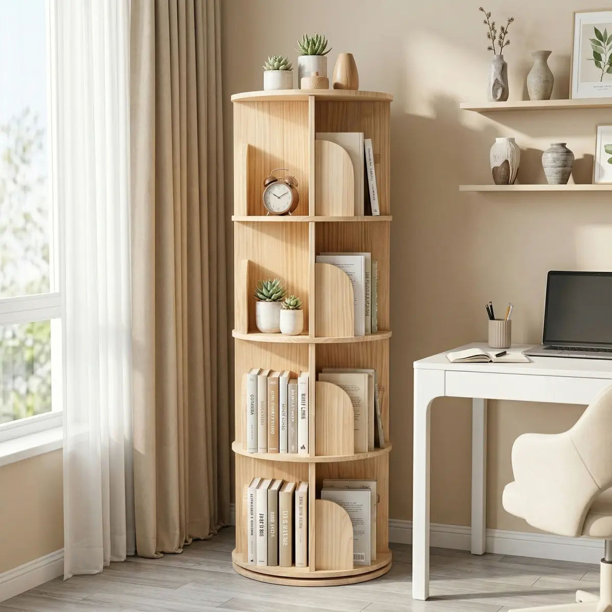 4-Tier 360° Full Rotation Round Multi Layer Bookshelf - 15.4inL x 15.4inW x 50.6inH Warm Minimalist Natural Wood Tiered Shelf, Space-Saving Open Storage Rack for Home Library, Office Organization that Simplifies Sorting and Retrieval, Vertical Circle