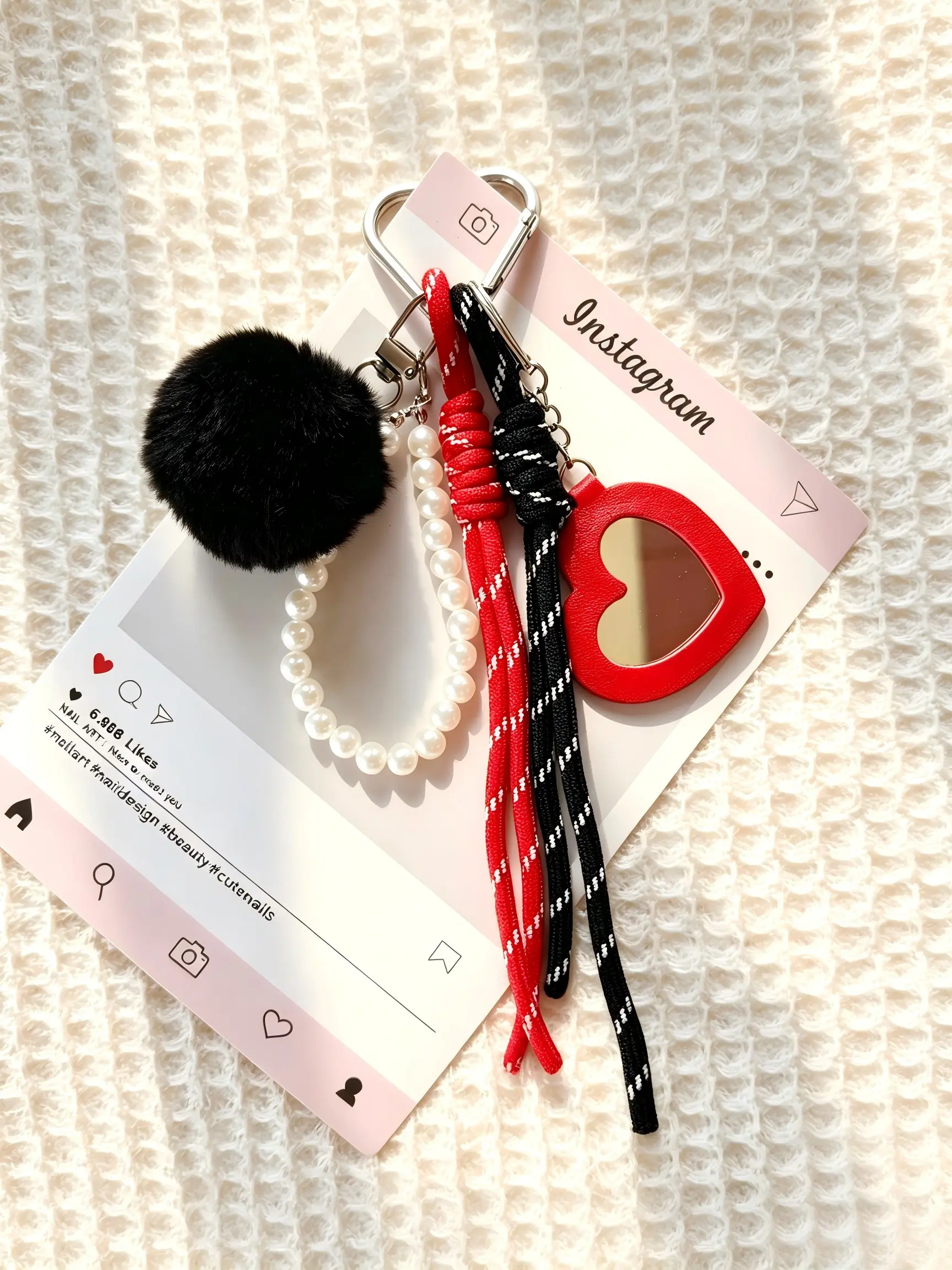 Cute Heart Mirror Keychain, Plush Ball Pearl Strand, Aesthetic Backpack Handbag Charm, Perfect Gift for Friends, Sisters, Girlfriend
