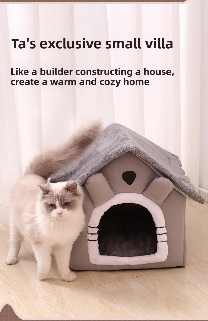 All-Season Warm Enclosed Cat House Villa Washable Removable Cover Cozy Pet Nest Warm Cave Bed for Cats Small Dogs