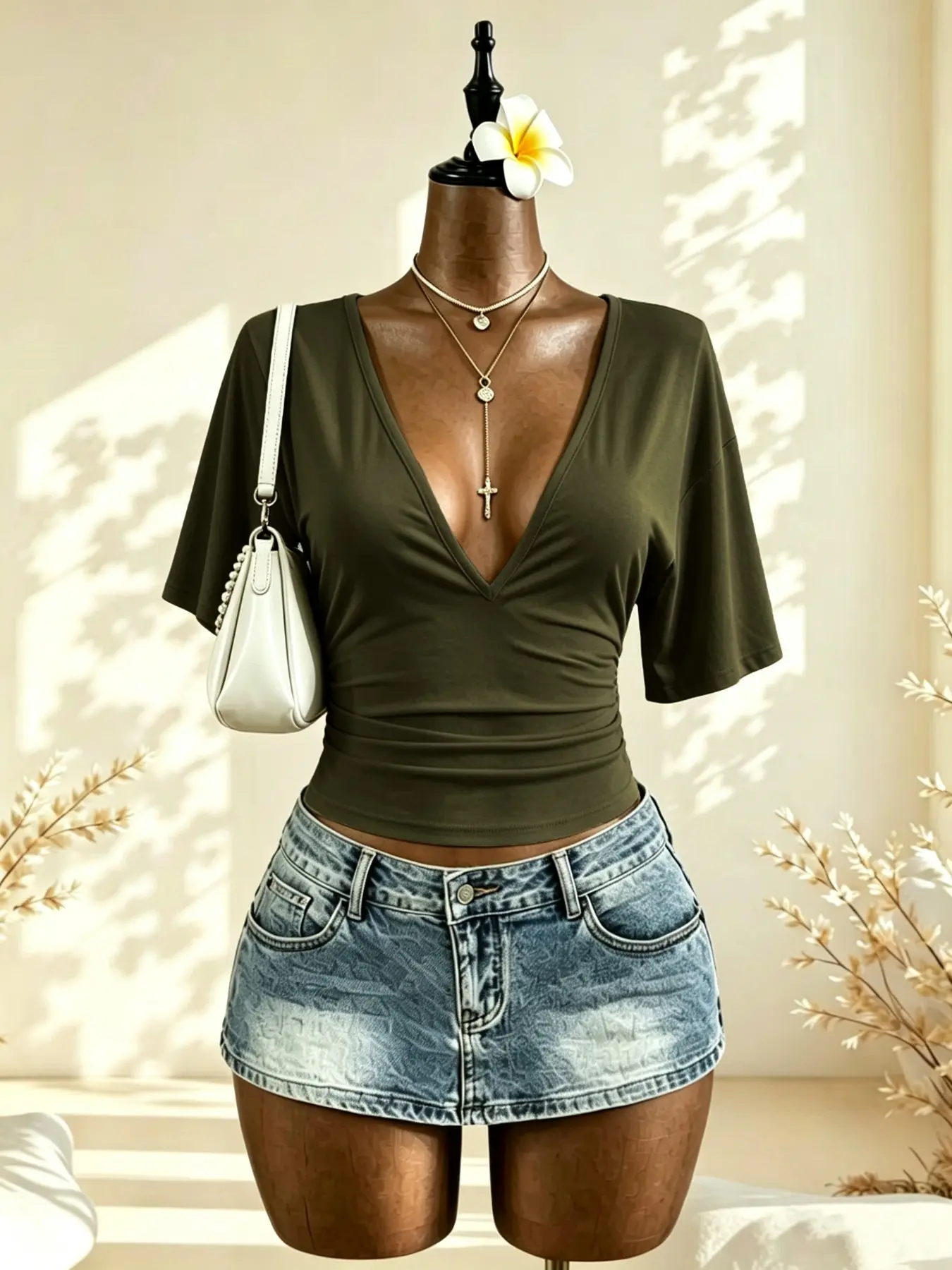 Women's Pleated Waist Short T-Shirt, Fashionable Summer Top, Deep V Neck Short Sleeve, Casual Slim Fit, Ideal for Daily Wear