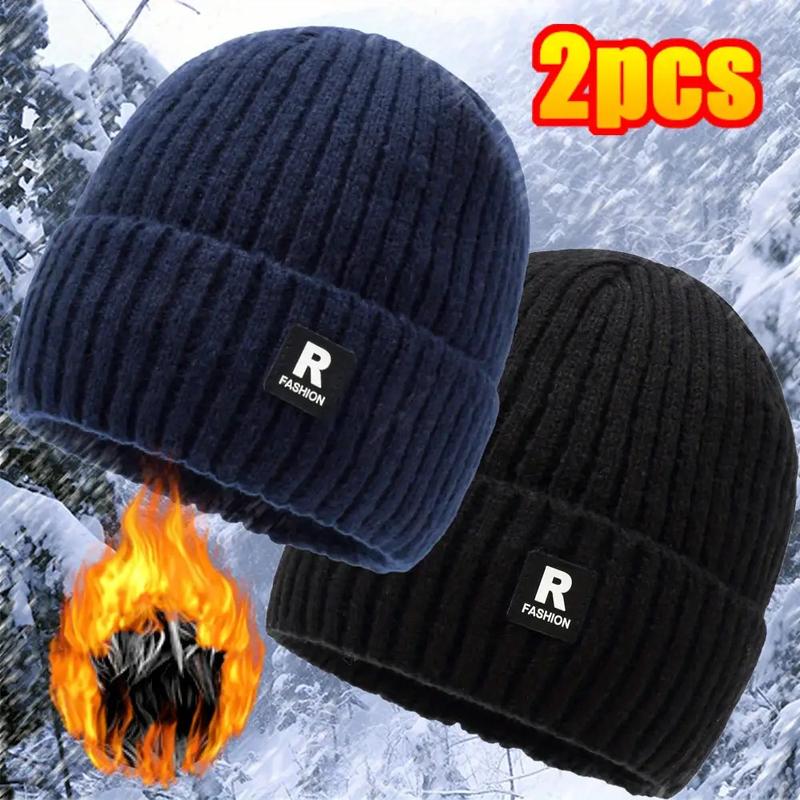 2 Pieces Men's Winter Fashion Fleece-Lined Thick Knitted Hat Outdoor Cycling Cold-Proof Large Head Circumference Knitted Hat Ski Hat
